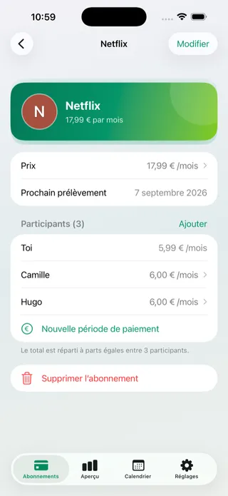 L’écran de détail d’un abonnement Netflix partagé entre quatre participants