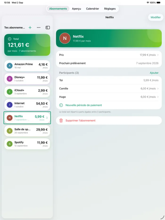 AboMonitor sur iPad, avec la liste et l’abonnement côte à côte