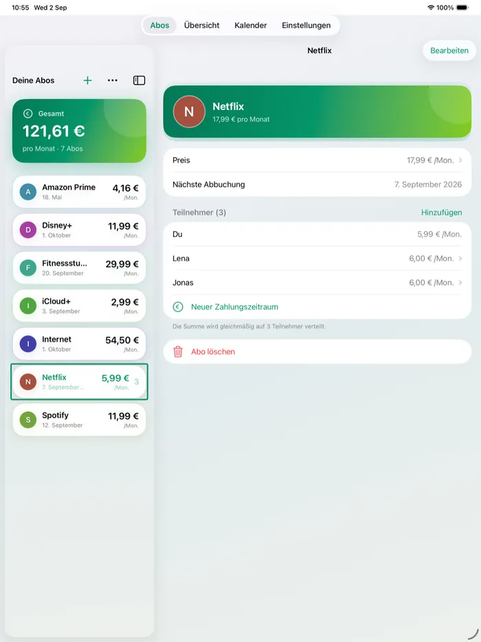 AboMonitor auf dem iPad, mit Liste und Abonnement nebeneinander