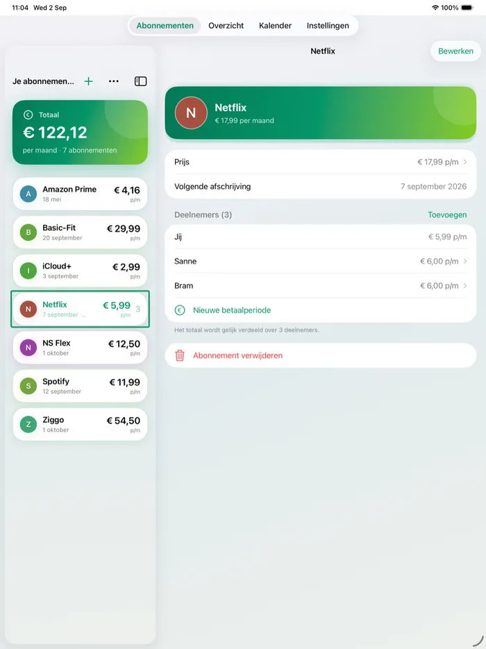AboMonitor op iPad, met de lijst en het abonnement naast elkaar