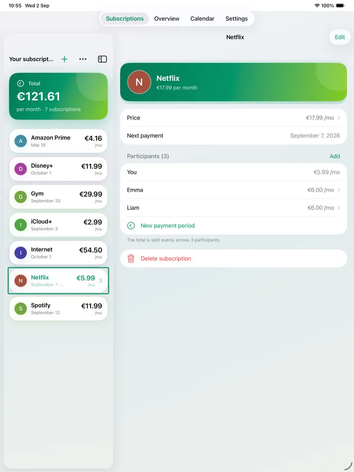 AboMonitor su iPad, con la lista e l’abbonamento affiancati