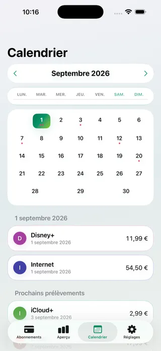 L’écran calendrier avec les dates de prélèvement marquées