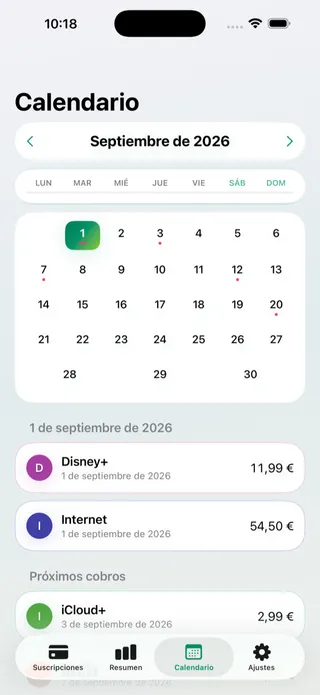 La pantalla de calendario con las fechas de cobro marcadas