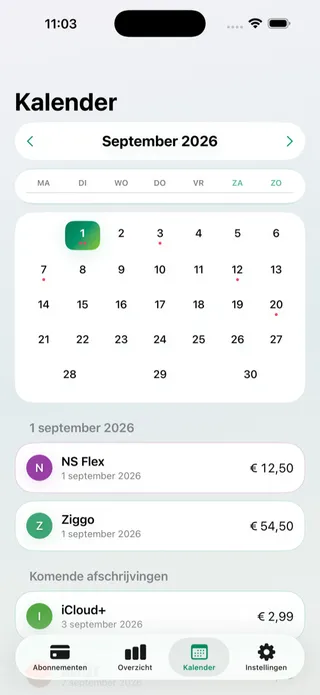 Het kalenderscherm met gemarkeerde afschrijfdatums