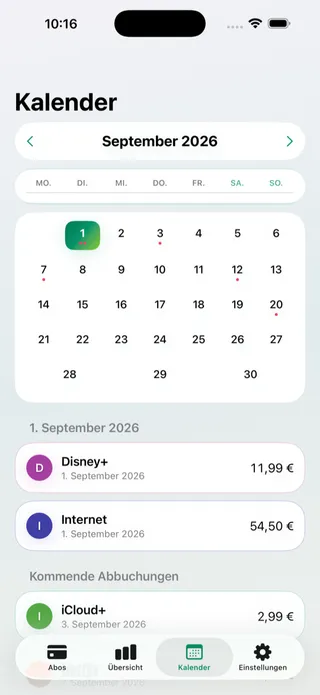 Der Kalenderbildschirm mit markierten Abbuchungsterminen