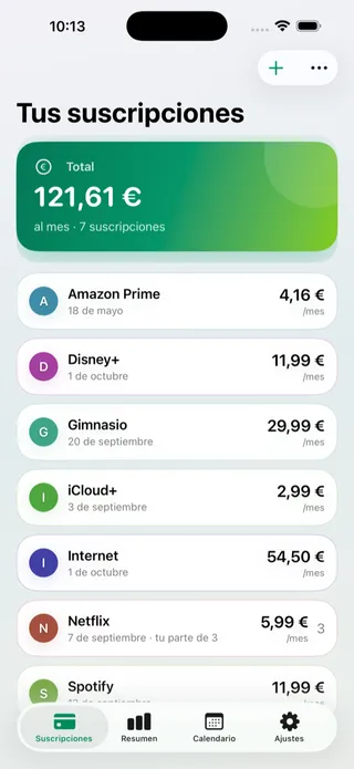 La pantalla de resumen con el total mensual, el total anual y el reparto por categoría
