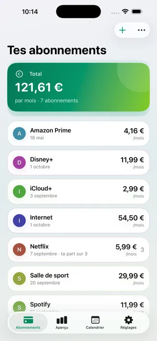 L’écran de synthèse avec le total mensuel, le total annuel et la répartition par catégorie