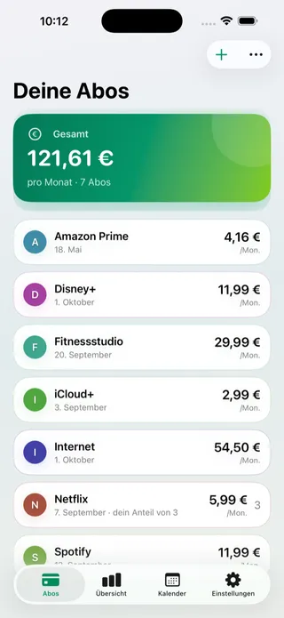 Der Übersichtsbildschirm mit Monatssumme, Jahressumme und der Aufteilung nach Kategorie